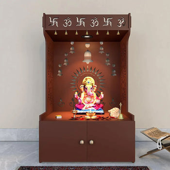 Divyalay- Prabhamandal hanging bells Brown Mandir/ Temple with closed storage shelf, Lights and intricate patterns