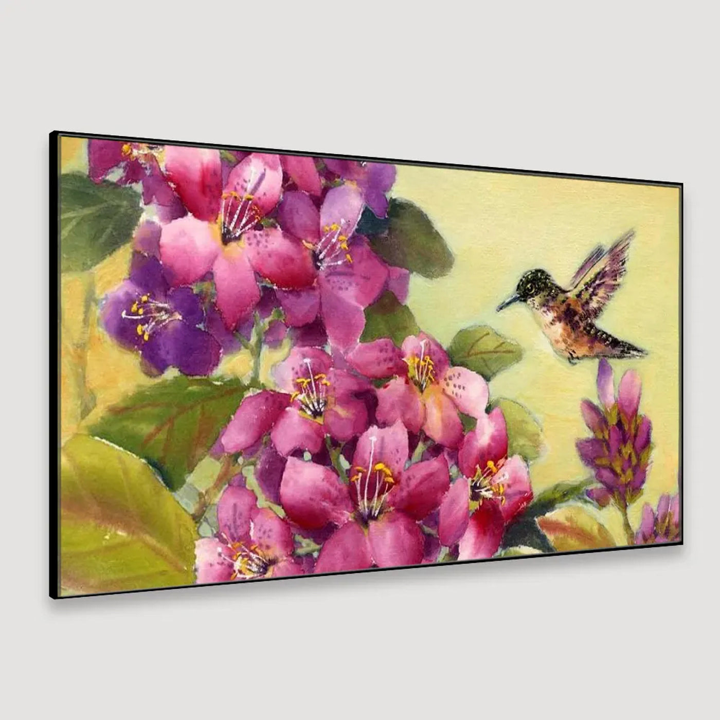 Harmony of Nature: Big Panoramic Flower Bunch and Hummingbird Wall Painting with Frame ( 48 x 24 ) Inch