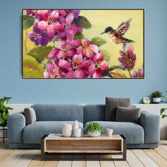 Harmony of Nature: Big Panoramic Flower Bunch and Hummingbird Wall Painting with Frame ( 48 x 24 ) Inch