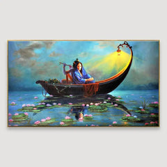 Romantic Journey: Radha Krishna on a Ferry Big Panoramic Wall Painting with Frame ( 48 x 24 ) Inch