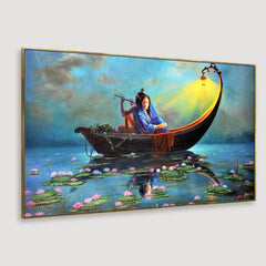 Romantic Journey: Radha Krishna on a Ferry Big Panoramic Wall Painting with Frame ( 48 x 24 ) Inch