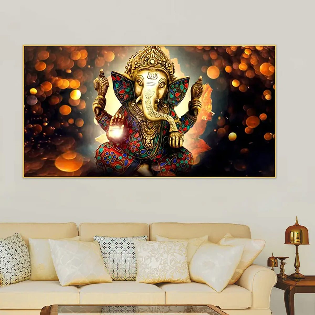 Spiritual Elegance: Big Panoramic Sri Ganesha Canvas Wall Painting with Frame ( 48 x 24 ) Inch