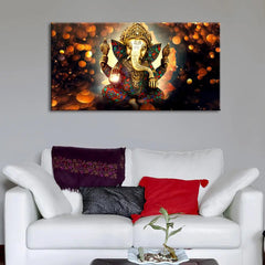 Spiritual Elegance: Big Panoramic Sri Ganesha Canvas Wall Painting with Frame ( 48 x 24 ) Inch