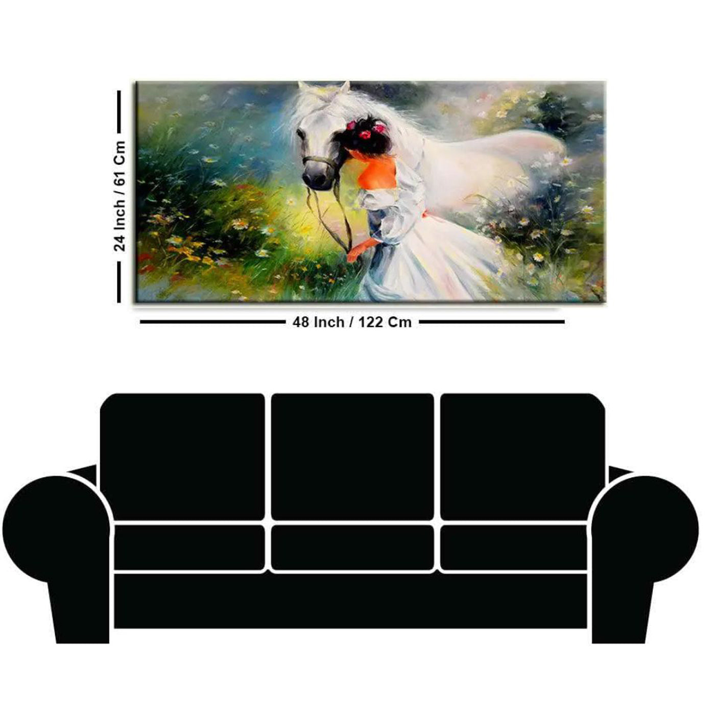 Big panoramic girl with a horse canvas wall painting with Floating Frame
