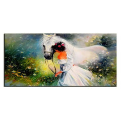 Big panoramic girl with a horse canvas wall painting with Floating Frame