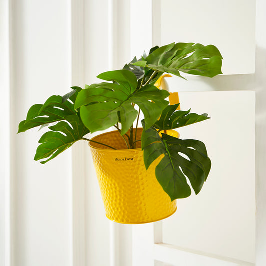 Metal Hanging Planter Railing Flower Pot with Handle for Balcony Indoor Outdoor Home Office Garden Decor-Yellow