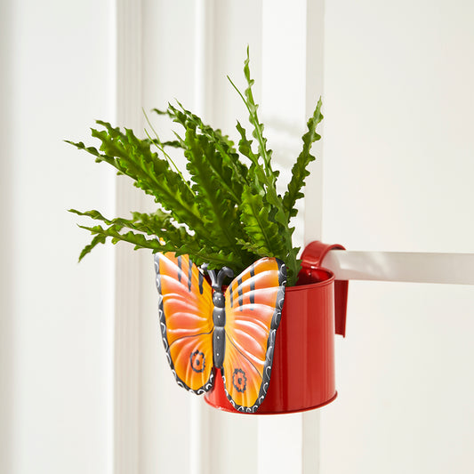 Butterfly Metal Hanging Planter for Plants Railing Flower Pot for Balcony Indoor Outdoor Hanging Pots for Plants Home Office Decor Garden Interior Balcony Decoration- Red