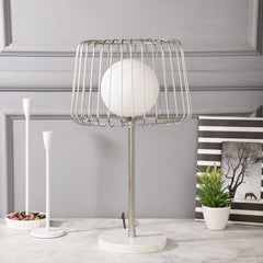 "Caged Orb" Silver Table Lamp with White Marble Base