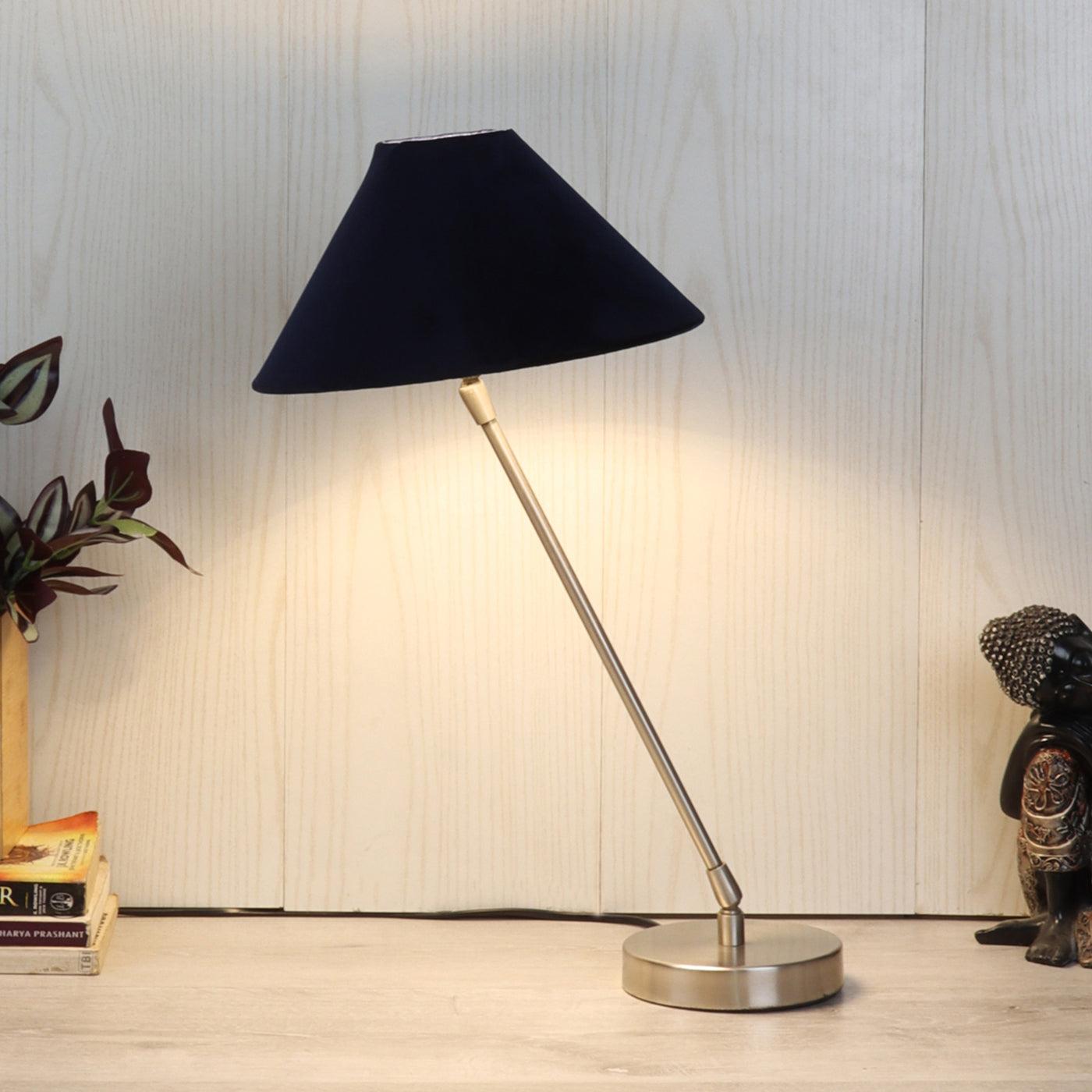 The "Small Silver MJ  Lamp" with Blue velvet shade