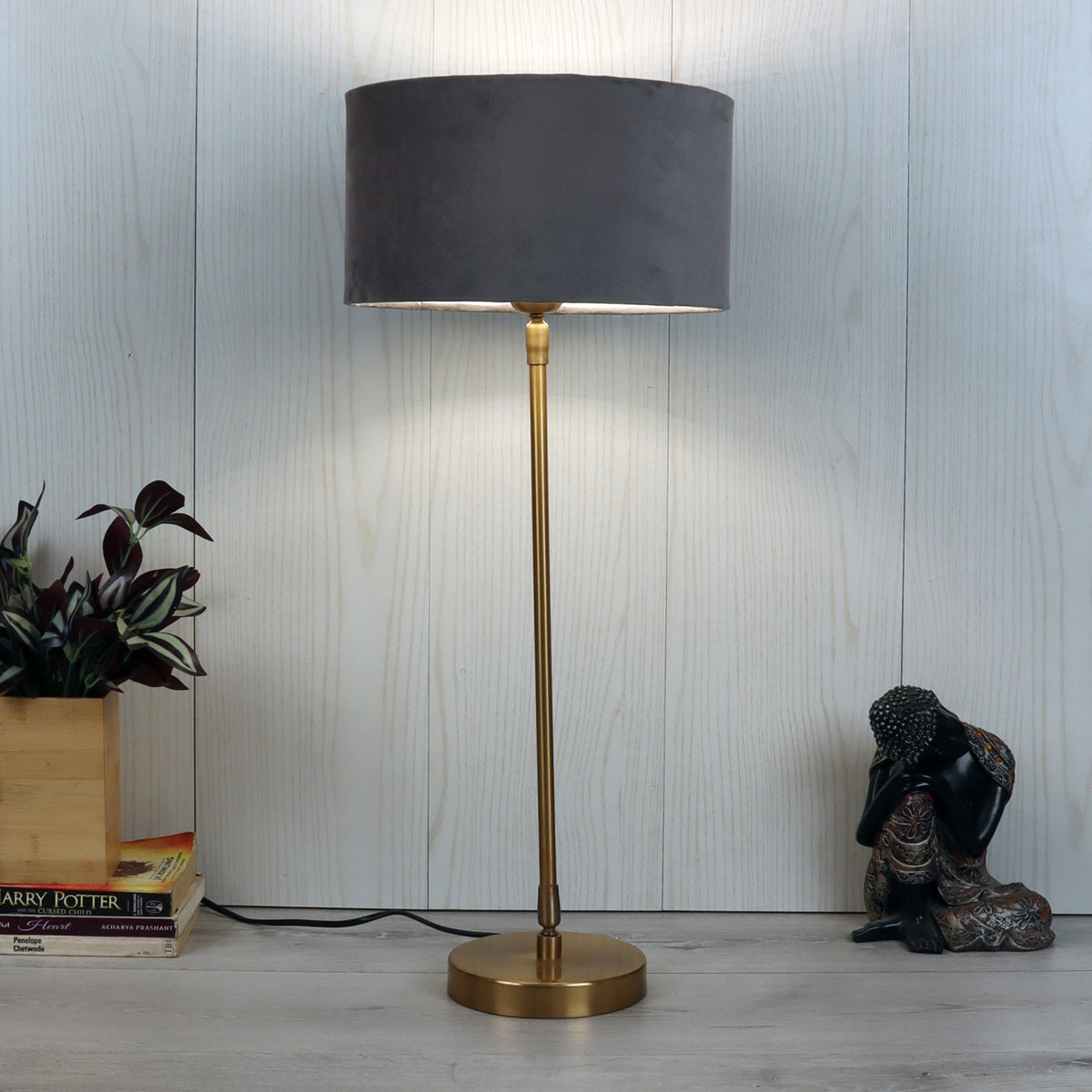 The "Large Gold MJ  Lamp" with Grey velvet shade