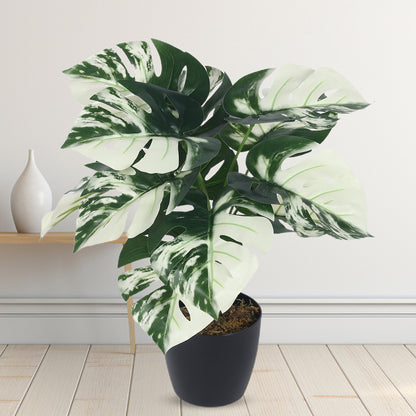 Artificial PVC Monstera Big Leaves Plants for Indoor & Outdoor with pot (12 Leaves, 55 cm Tall, Multicolor)