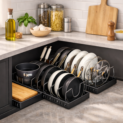8-Tier Pot & Pan Rack Organizer | Adjustable Steel & ABS Lid Holder | Space-Saving Kitchen Storage (Pull-Out Pan & Pot Rack Organizer)