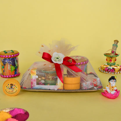 Holi Gift Hamper Organic Herbal Gulal, Mini Pichkari Balti and 2 Bowls Platter, Chandan, Jar Holi Gift Box