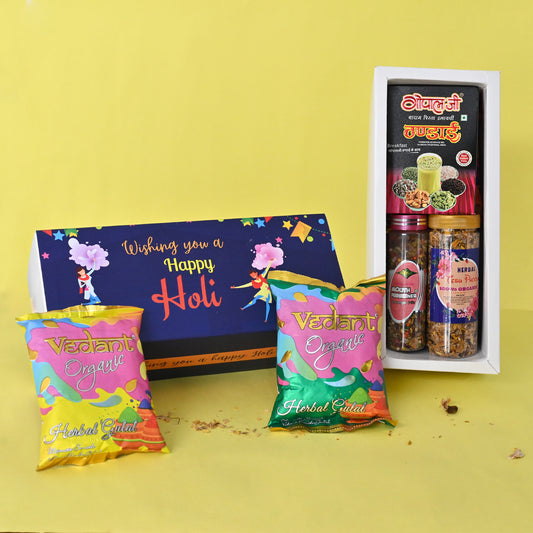 Holi Gift Hamper Organic Herbal Gulal, Tesu Flower in Bottle, Thandai, Mukhwas Holi Gift Box