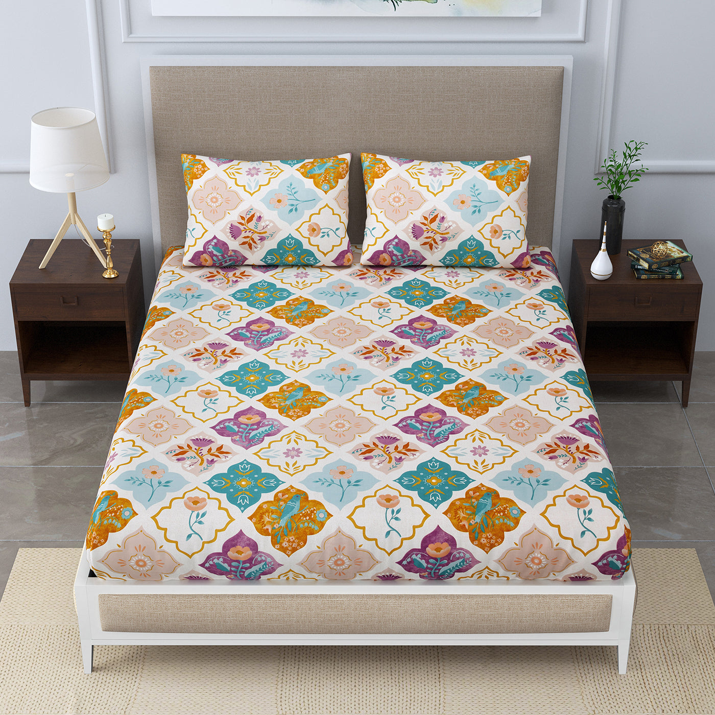 Multicolor Cotton Bedsheet for Bed with 2 Pillow Cover