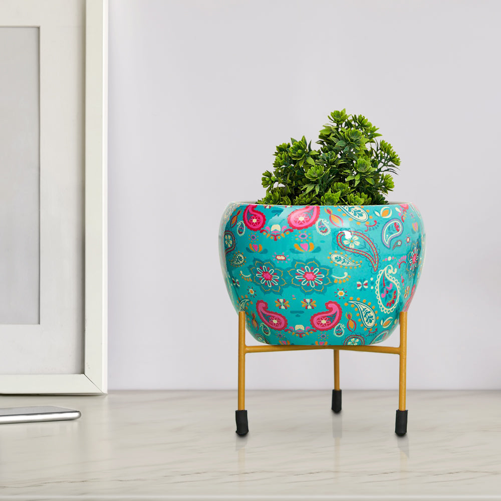 Paisely Metal Planter with Stand Flower Pot for Living Room Bedroom Indoor Outdoor Pots for Plants Home Office Decor Garden Interior Balcony Decoration