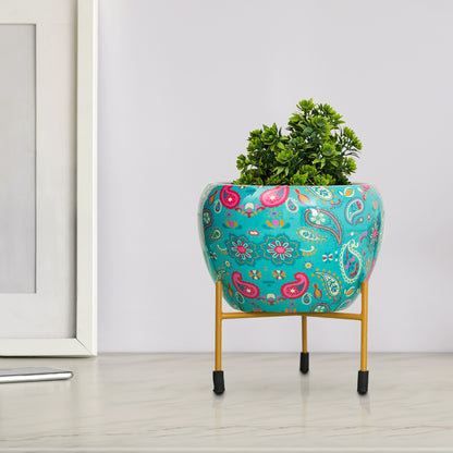 Paisely Metal Planter with Stand Flower Pot for Living Room Bedroom Indoor Outdoor Pots for Plants Home Office Decor Garden Interior Balcony Decoration