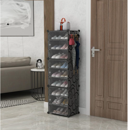 Modular Plastic Storage Cabinet with Doors | DIY Shoe Rack & Multipurpose Organizer for Home | Available in Plain & Patterned Panels (Black – Plain, Triple Door | 9 Shelves)