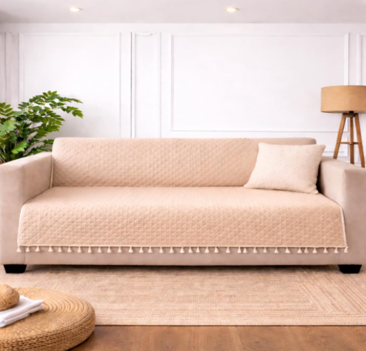 DecorTwist Premium Reversible Quilted Velvet Sofa Cover for 2 & 3 Seater | Luxury Sofa Protector with Tassels | Soft, Durable & Pet Friendly | Grey/Beige & Beige