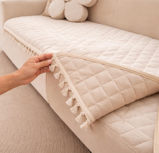 DecorTwist Premium Reversible Quilted Velvet Sofa Cover for 2 & 3 Seater | Luxury Sofa Protector with Tassels | Soft, Durable & Pet Friendly | Grey/Beige & Beige