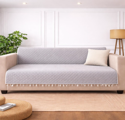 DecorTwist Premium Reversible Quilted Velvet Sofa Cover for 2 & 3 Seater | Luxury Sofa Protector with Tassels | Soft, Durable & Pet Friendly | Grey/Beige & Beige