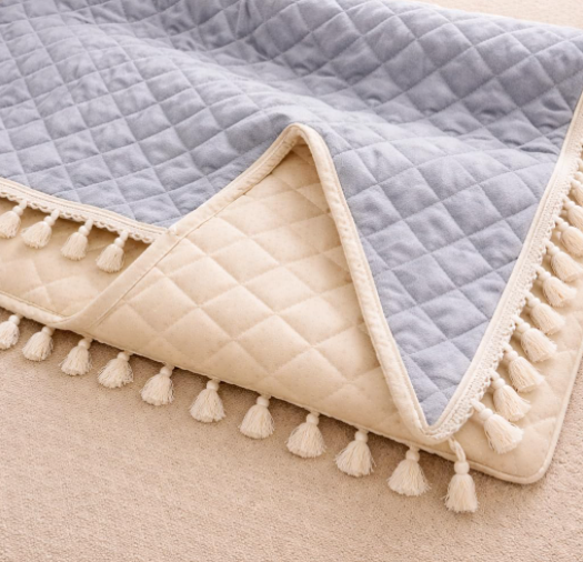 DecorTwist Premium Reversible Quilted Velvet Sofa Cover for 2 & 3 Seater | Luxury Sofa Protector with Tassels | Soft, Durable & Pet Friendly | Grey/Beige & Beige