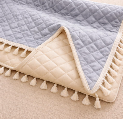 DecorTwist Premium Reversible Quilted Velvet Sofa Cover for 2 & 3 Seater | Luxury Sofa Protector with Tassels | Soft, Durable & Pet Friendly | Grey/Beige & Beige