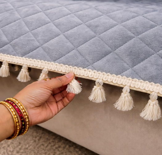 DecorTwist Premium Reversible Quilted Velvet Sofa Cover for 2 & 3 Seater | Luxury Sofa Protector with Tassels | Soft, Durable & Pet Friendly | Grey/Beige & Beige