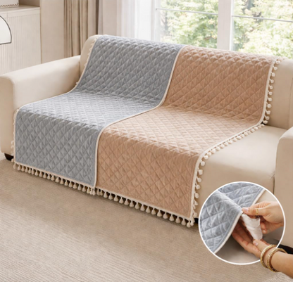 DecorTwist Premium Reversible Quilted Velvet Sofa Cover for 2 & 3 Seater | Luxury Sofa Protector with Tassels | Soft, Durable & Pet Friendly | Grey/Beige & Beige