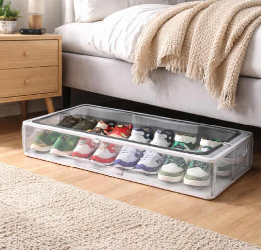 DecorTwist Transparent Shoe Storage Box for Closet & Under Bed | Foldable Dustproof Plastic Organizer for Shoes, Clothes & Blankets