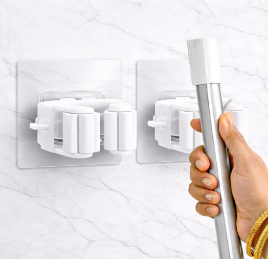 DecorTwist Wall Mounted Broom & Mop Holder with Hooks | Heavy Duty Polypropylene Cleaning Tool Organizer | Space Saving Broomstick Stand for Home, Kitchen & Bathroom