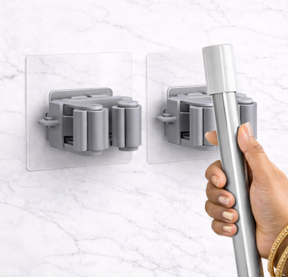 DecorTwist Wall Mounted Broom & Mop Holder with Hooks | Heavy Duty Polypropylene Cleaning Tool Organizer | Space Saving Broomstick Stand for Home, Kitchen & Bathroom