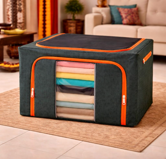 DecorTwist Cloth Storage Organiser Box with Zipper Window | Foldable Wardrobe Storage | Dustproof & Stackable