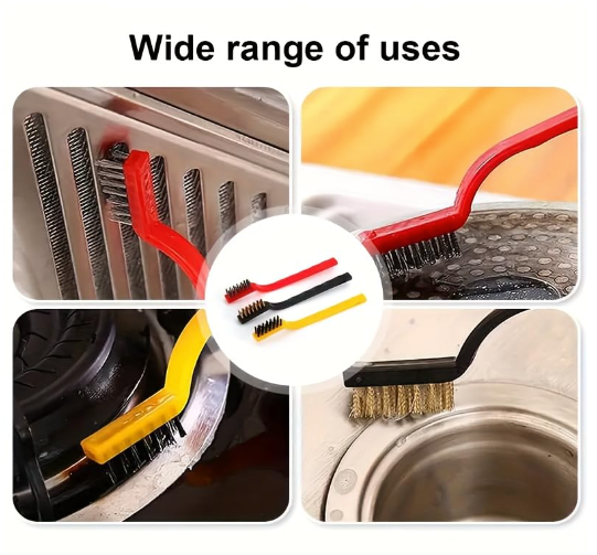 DecorTwist 3-Piece Mini Wire Brush Set – Brass, Nylon & Stainless Steel Bristles for Rust, Dirt, Paint & Grime Removal – Heavy-Duty Cleaning Tool