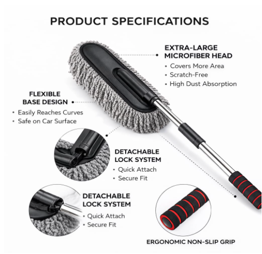 DecorTwist Microfiber Cleaning Accessories for Car & Home – Duster & Cloths Combo (Microfiber Car Duster – Extendable Handle)
