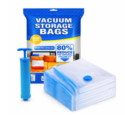 Vacuum Compression Storage Bags with Hand Pump – Space Saver Bags for Clothes, Blankets, Quilts & Travel | Heavy-Duty Double Seal | Airtight & Reusable (Set of 5 – Mixed Sizes)