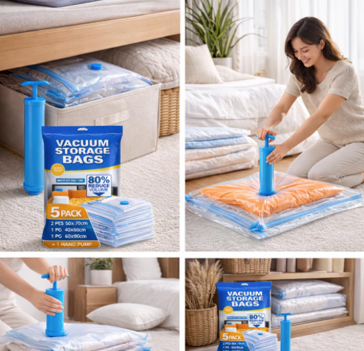 Vacuum Compression Storage Bags with Hand Pump – Space Saver Bags for Clothes, Blankets, Quilts & Travel | Heavy-Duty Double Seal | Airtight & Reusable (Set of 5 – Mixed Sizes)