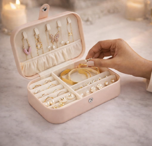 Portable Travel Jewellery Box | PU Leather Mini Organiser for Rings, Earrings, Necklaces | Soft Velvet Lining | Compact Gift Jewellery Case for Women & Girls
