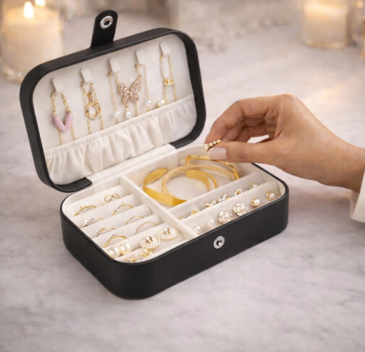 Portable Travel Jewellery Box | PU Leather Mini Organiser for Rings, Earrings, Necklaces | Soft Velvet Lining | Compact Gift Jewellery Case for Women & Girls