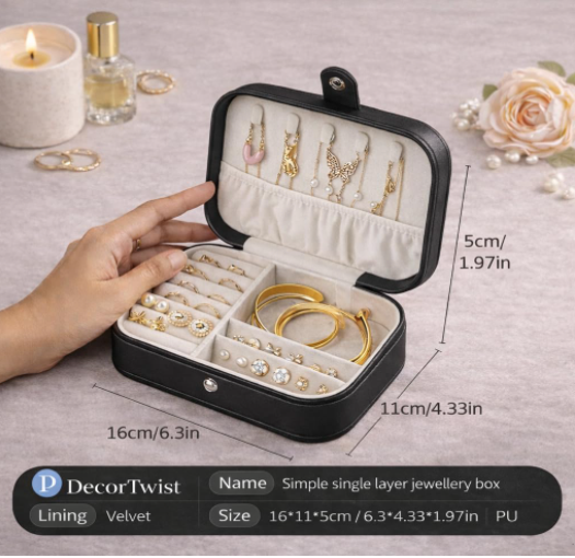 Portable Travel Jewellery Box | PU Leather Mini Organiser for Rings, Earrings, Necklaces | Soft Velvet Lining | Compact Gift Jewellery Case for Women & Girls