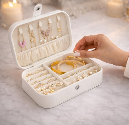Portable Travel Jewellery Box | PU Leather Mini Organiser for Rings, Earrings, Necklaces | Soft Velvet Lining | Compact Gift Jewellery Case for Women & Girls