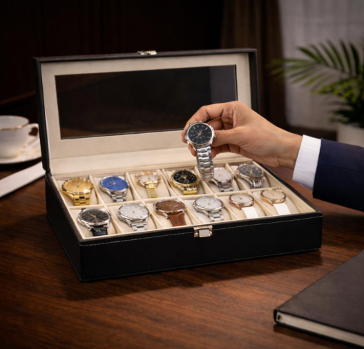 DecorTwist Premium Watch Storage Box Watch Case Organizer PU Leather, Velvet Interior, Transparent Lid (12 Slots)