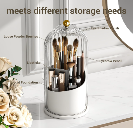 360° Rotating Makeup Brush Holder with Lid | Dustproof & Waterproof Cosmetic Organizer for Vanity & Dressing Table (Transparent)