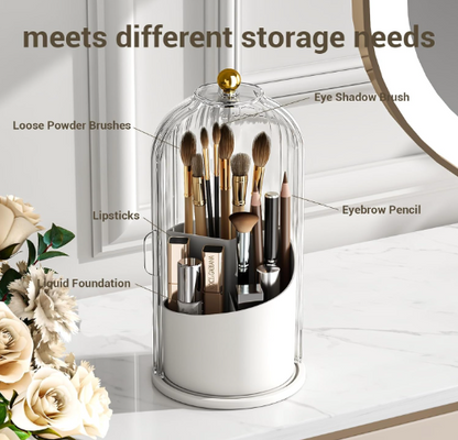 360° Rotating Makeup Brush Holder with Lid | Dustproof & Waterproof Cosmetic Organizer for Vanity & Dressing Table (Transparent)