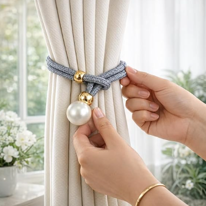 DecorTwist Magnetic Curtain Tiebacks for Windows – No Drill Curtain Hold Backs | Strong Magnets Decorative Pearl Rope | for Living Room & Bedroom Curtains (White/Grey, Set of 2/4/8)