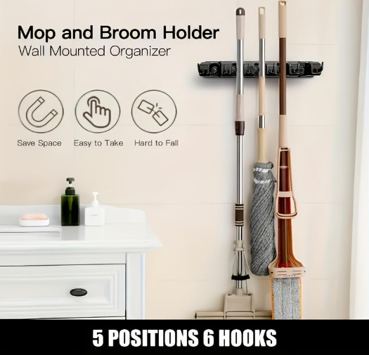 DecorTwist Wall Mounted Broom & Mop Holder with Hooks | Heavy Duty Polypropylene Cleaning Tool Organizer | Space Saving Broomstick Stand for Home, Kitchen & Bathroom