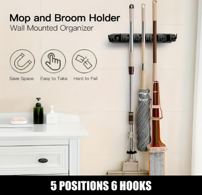 DecorTwist Wall Mounted Broom & Mop Holder with Hooks | Heavy Duty Polypropylene Cleaning Tool Organizer | Space Saving Broomstick Stand for Home, Kitchen & Bathroom