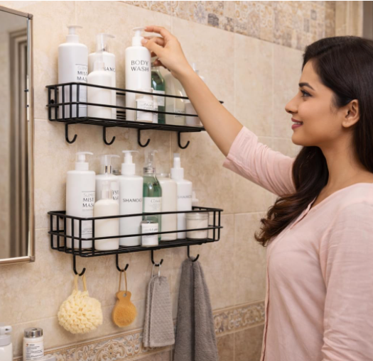 DecorTwist Bathroom Shelf Without Drill | Self Adhesive Wall Organizer | Rust-Proof Metal | Waterproof Rack for Shampoo Soap Toiletries | Kitchen Laundry Storage | 28x9x9 cm (Pack of 2)