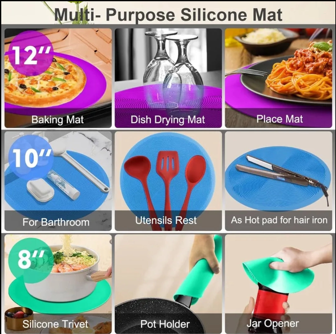 DecorTwist Multipurpose Pot Holder Dining Table Heat Protection Pads| Heat Resistant Anti-Slip Silicone Trivet Mat for Glass Table & Kitchen Countertop ( Round)