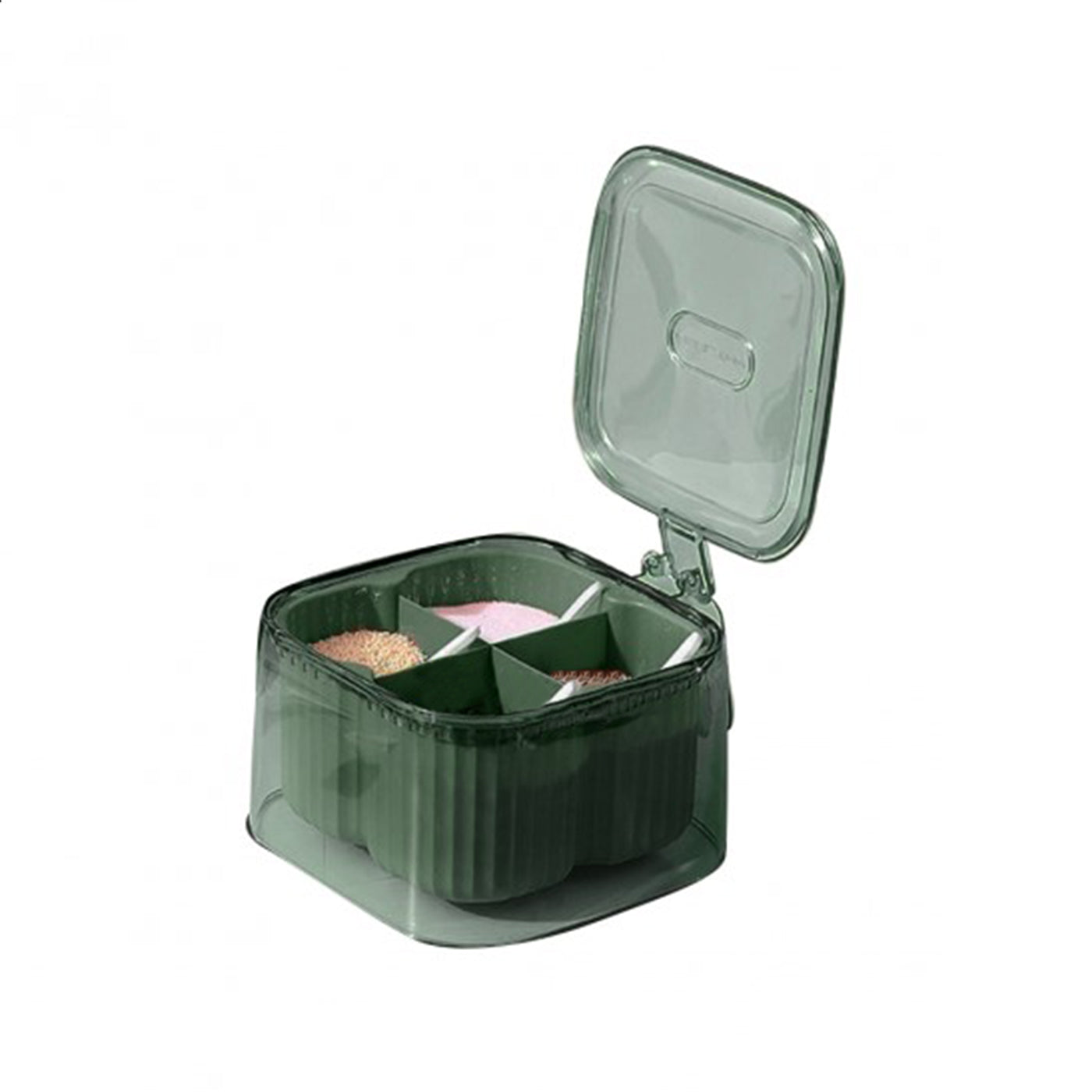 4-Compartment Plastic Spice Container Seasoning Box with Lid, Spoon, and Handle for Sugar, Nuts, Spices (Green)